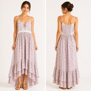 Japna Floral High-Low Maxi Dress Pink Purple Boho Crochet Lace Smocked Back S